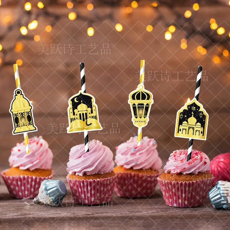 8pcs/lot Gold Black Eid Mubarak Iridescent Drinking Paper Straws Cake Topper Ramadan Kareen Mosque Moon Party Decoration DIY New