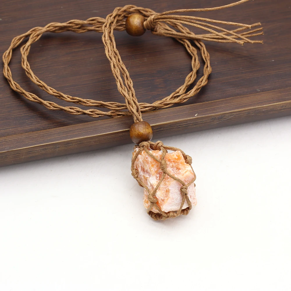 5PCS Irregular Rough Stones Net Pocket Metal Bamboo Chain Necklace Natural Reiki Healing Amethyst Crystals Pendant Necklace Gift