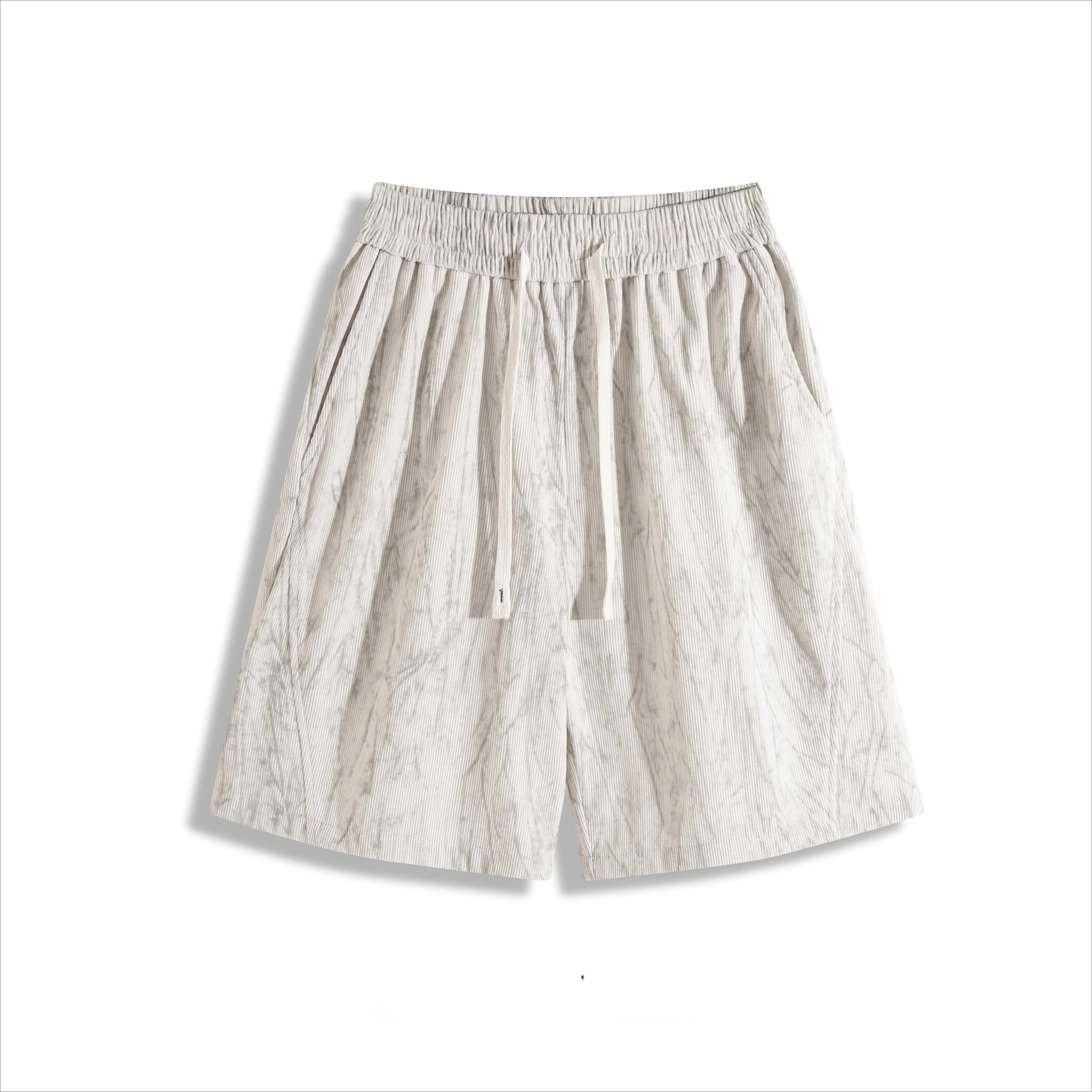 Washed Marble Print Elastic Drawstring High Waisted Wide Leg Loose Fit Lightweight Wrinkle Resistant Casual Summer Beach Shorts