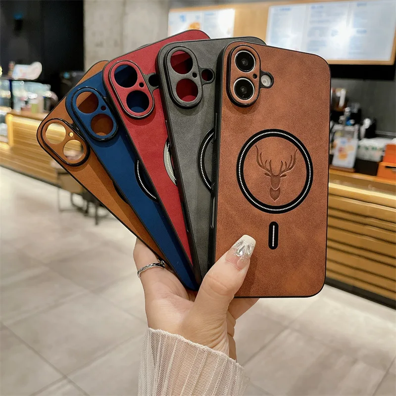 Luxuriöse Elch-Handyhülle mit magnetischer einfarbiger Lederstruktur, weiche Handyhülle für iPhone 17, 16, 15, 14, 13, 12, 11, Pro Max, XS, XR, stoßfeste Abdeckung
