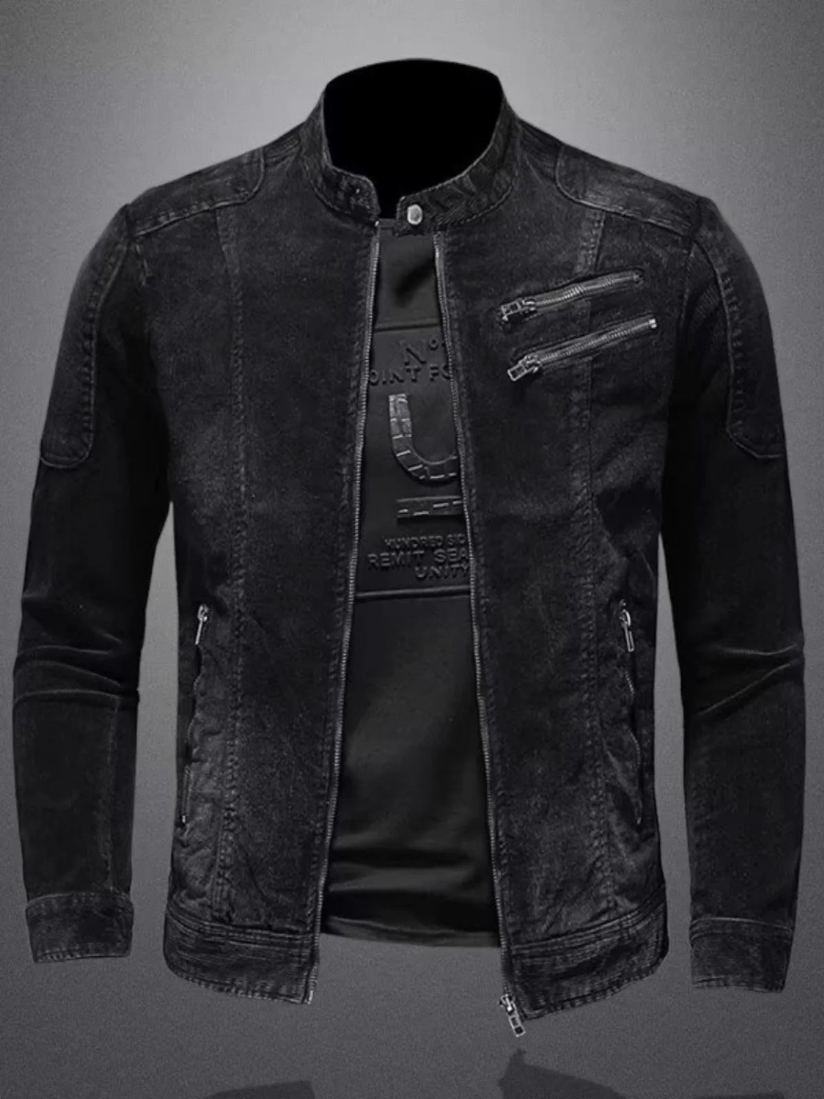 

Slim Fit Men's Denim Jaet Spring Autumn Zipper Motorcycle Sle Stand Collar Trendy Casual Outerwear Long Sve Windproof