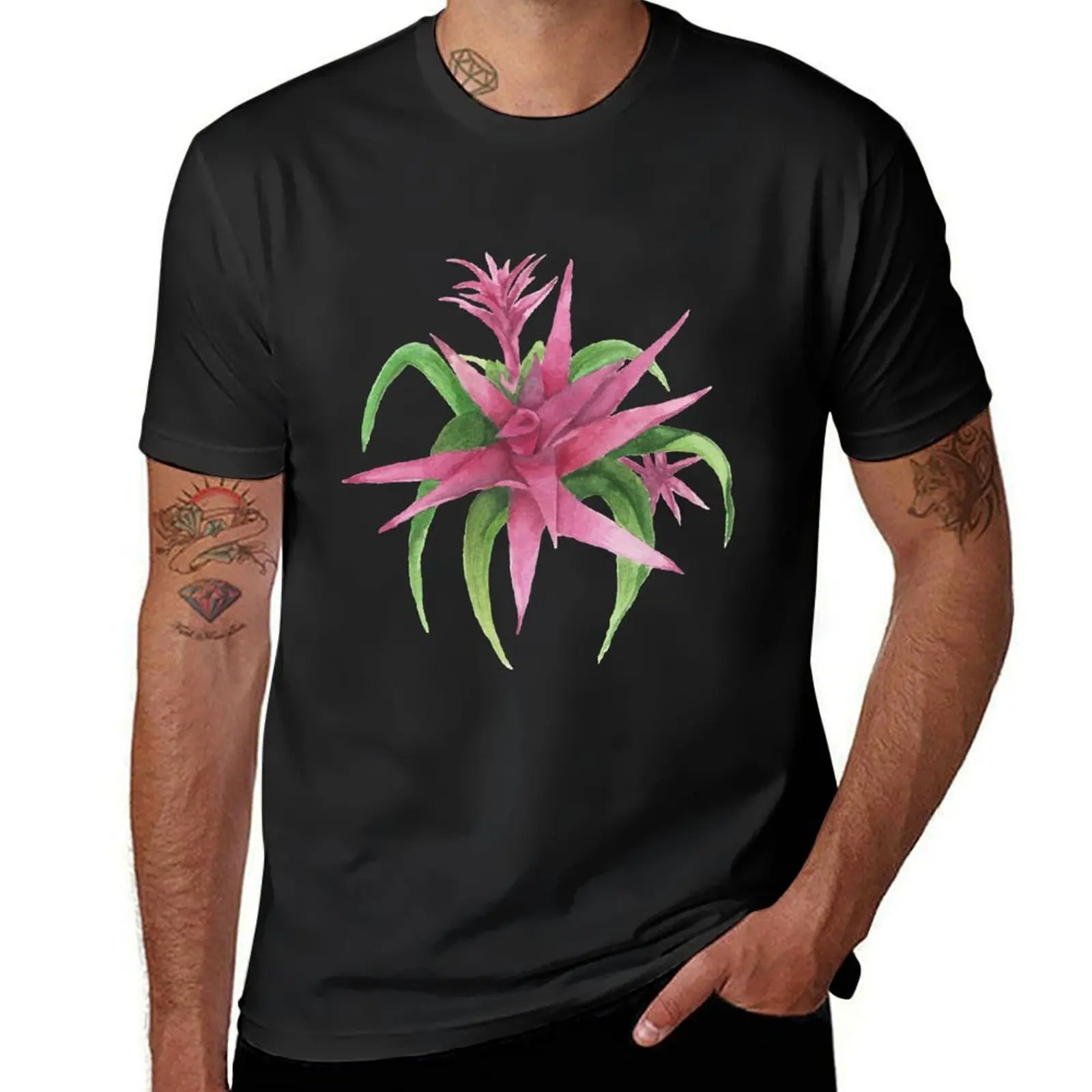 

Hot Pink Guzmania Watercolor Painting on Bold Background T-Shirt plus sizes summer top summer shirt T-shirt men
