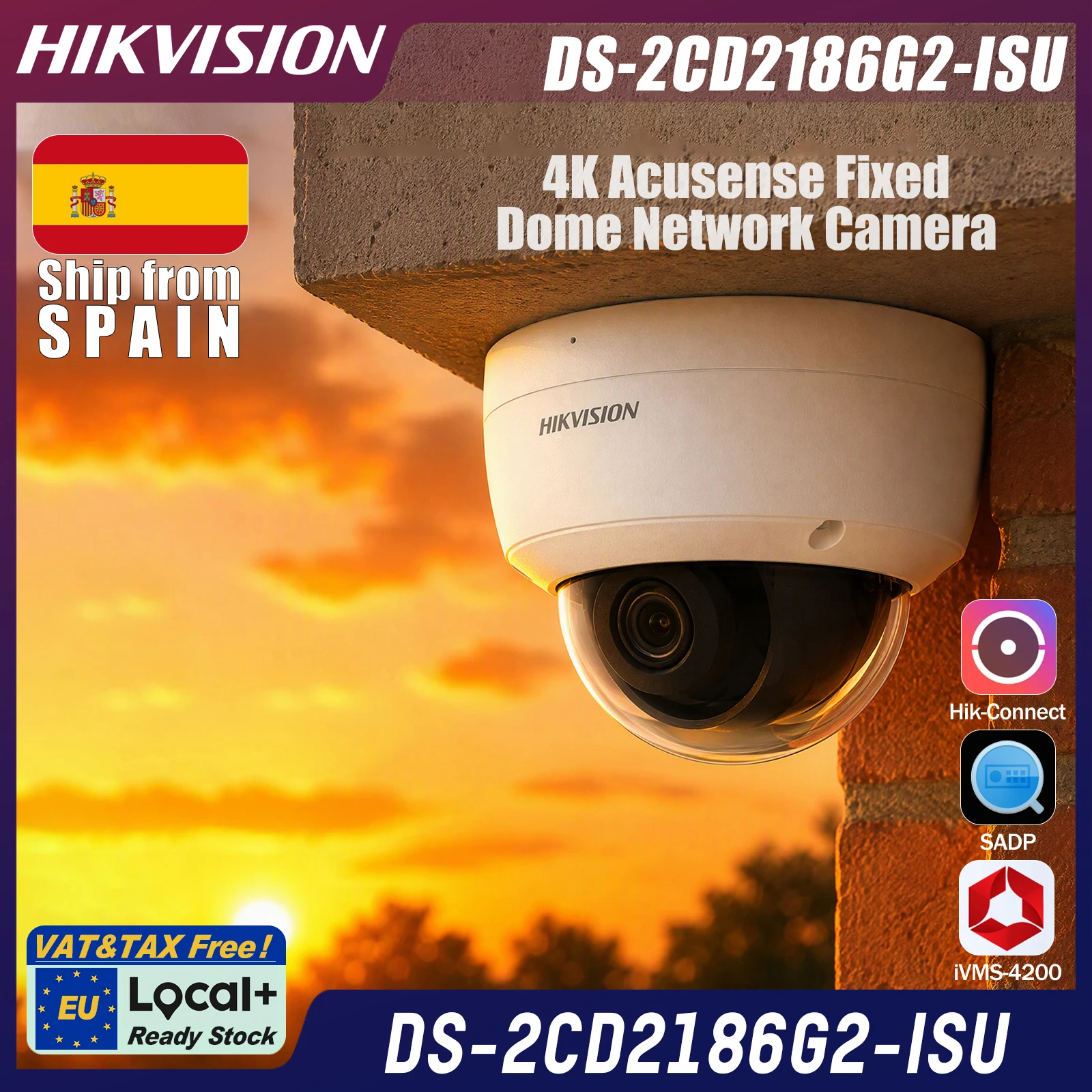DS-2CD2186G2-ISU Hikvision Local+ telecamera dome fissa 8MP 4K AcuSense, DarkFighter bassa luce, 120dB WDR, IR 30m, lente 2.8mm, microfono integrato, PoE, IP67, IK10