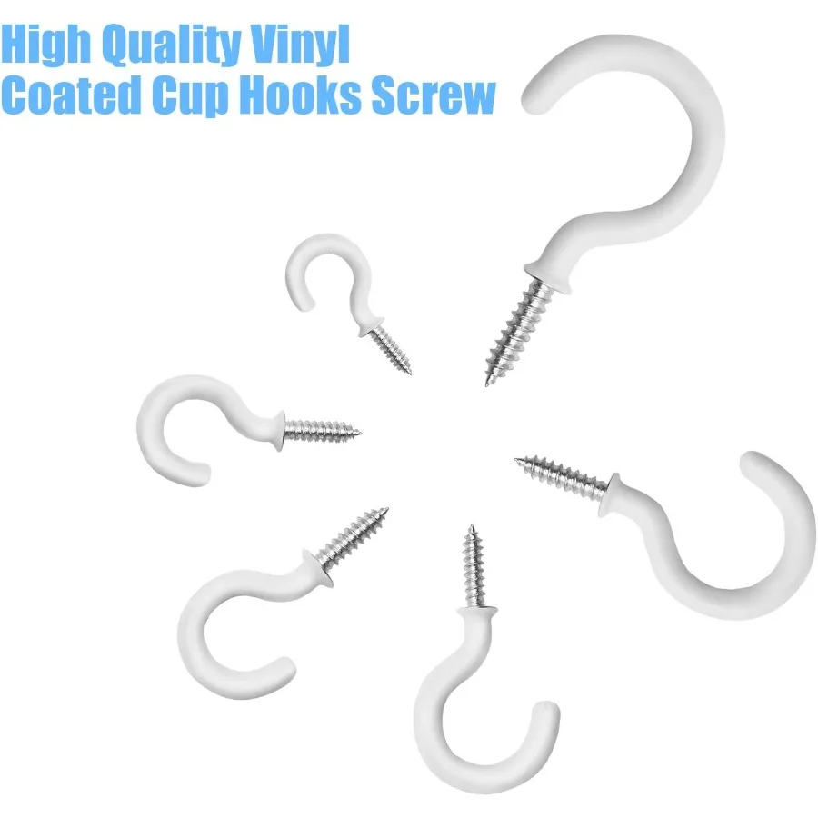 مجموعة خطافات الأكواب 110 قطعة 6 أحجام حامل خطافات السقف المطلي بالفينيل للمكتب المنزلي وأماكن العمل باللون الأبيض 1 2 "5 8" 3 4 "7 8" 1 "11 4"