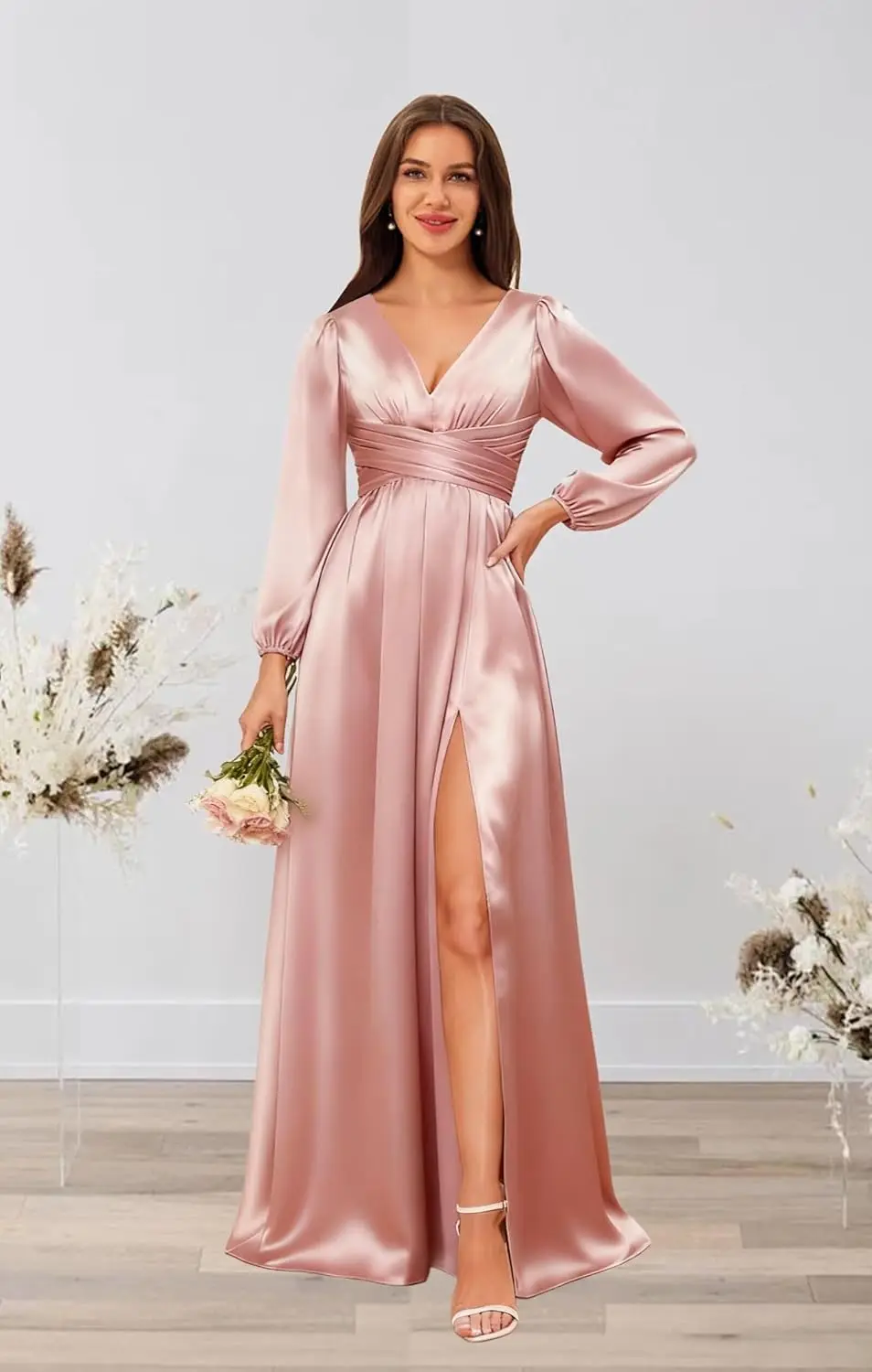 

Satin Bridesmaid Dresses for Women Long Sleeves Wedding Guest Dress Pleated Empire Waist Formal Gown with Slit