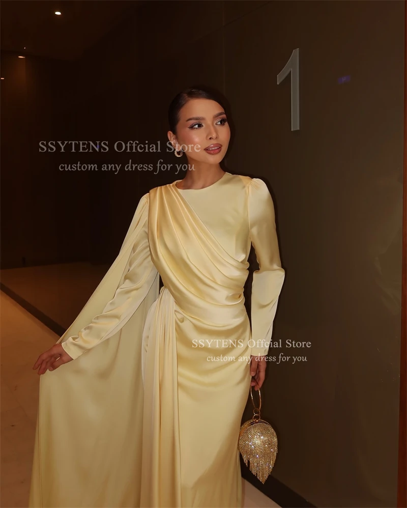 SSYTENS 우아한 노란색 새틴 이브닝 드레스 긴 소매 공식 행사 드레스 결혼식 사우디 아라비아 파티 파티 가운 맞춤형