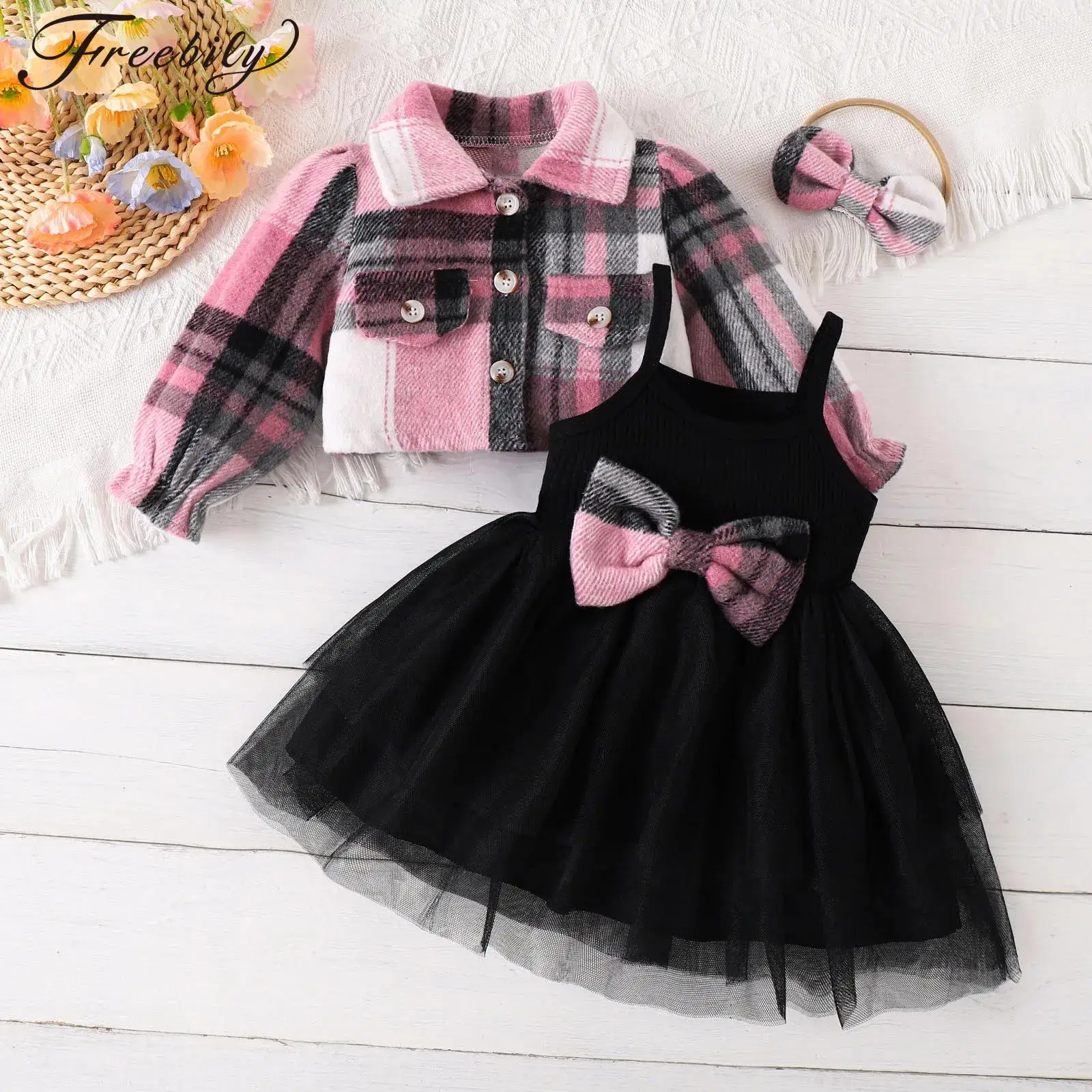 

Toddler Baby Girls Clothes Outfit Winter Long Sleeve Buttons Plaid Jacket with Tulle Dress for Christmas Birthday Wedding Party