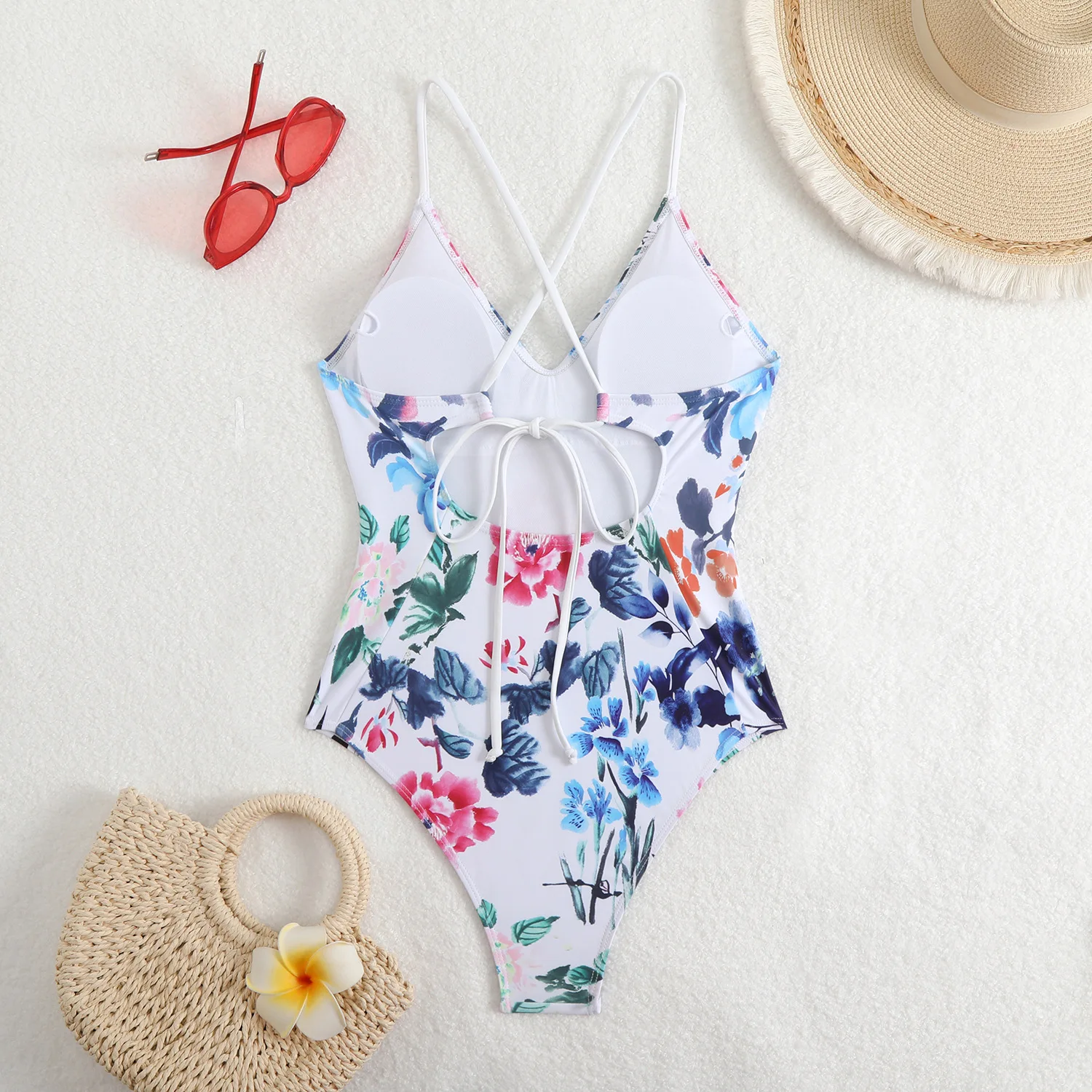 Sexy Floral One Piece Swimsuits Women Bathing Suit V Neck Swimwear Female Monokini Cross Backless Swimming for Suits Beachwear