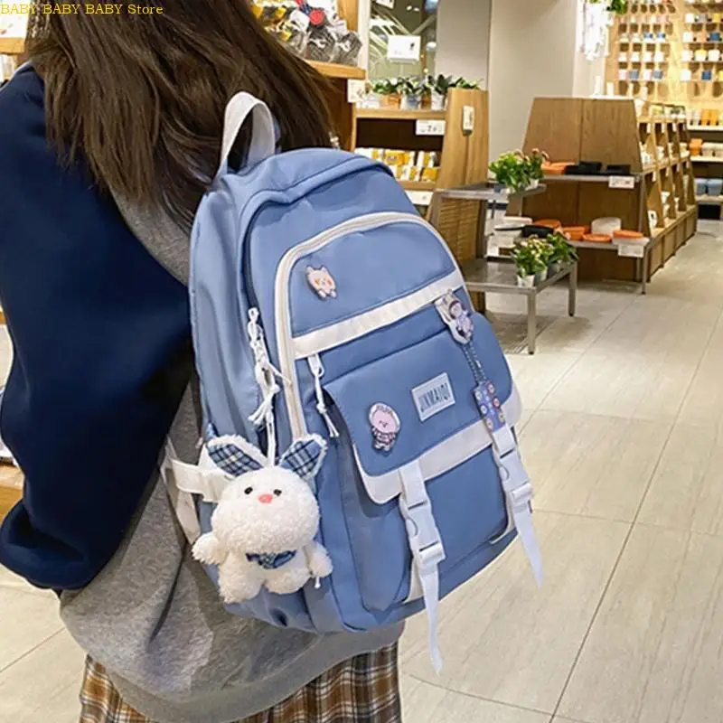 

Q81A Backpack with Pin Accessories Plush Pendant Student School Bag Large Capacity Travel Backpacks Nylon Daypack