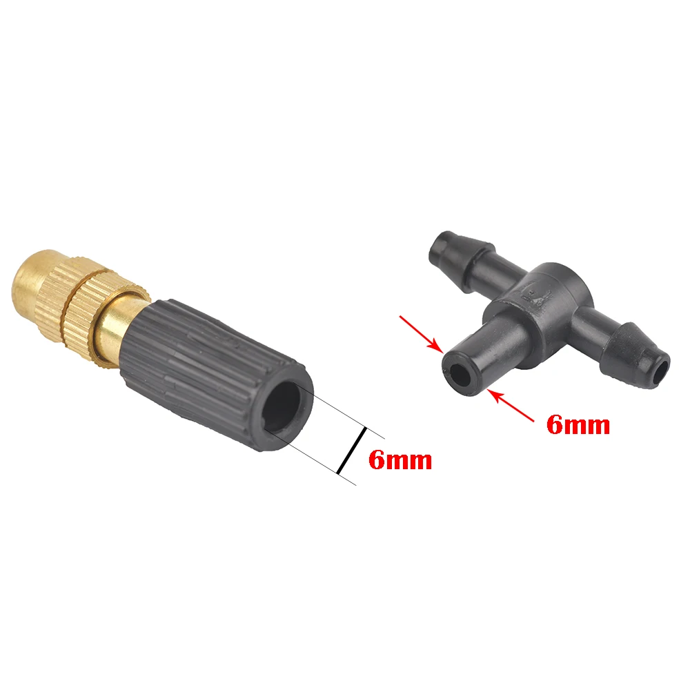 Boquilla de nebulización de cobre ajustable de 5-100 piezas con conector en T de plástico de 4/7mm, boquilla de enfriamiento de riego de latón