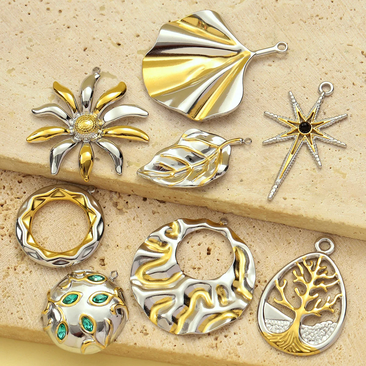 3pcs/Lot French Retro Stainless Steel Two Tone Life Tree Leaf Necklace Pendant Women Shell Star Flower DIY Charms Circel Jewelry