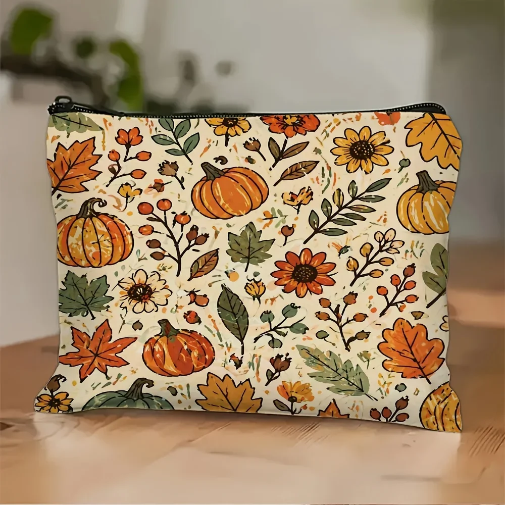 Autumn Fall Cosmetic Bag Pumpkin Maple Sunflower Print Zipper Pouch Women Makeup Storage Bag Harvest Gift