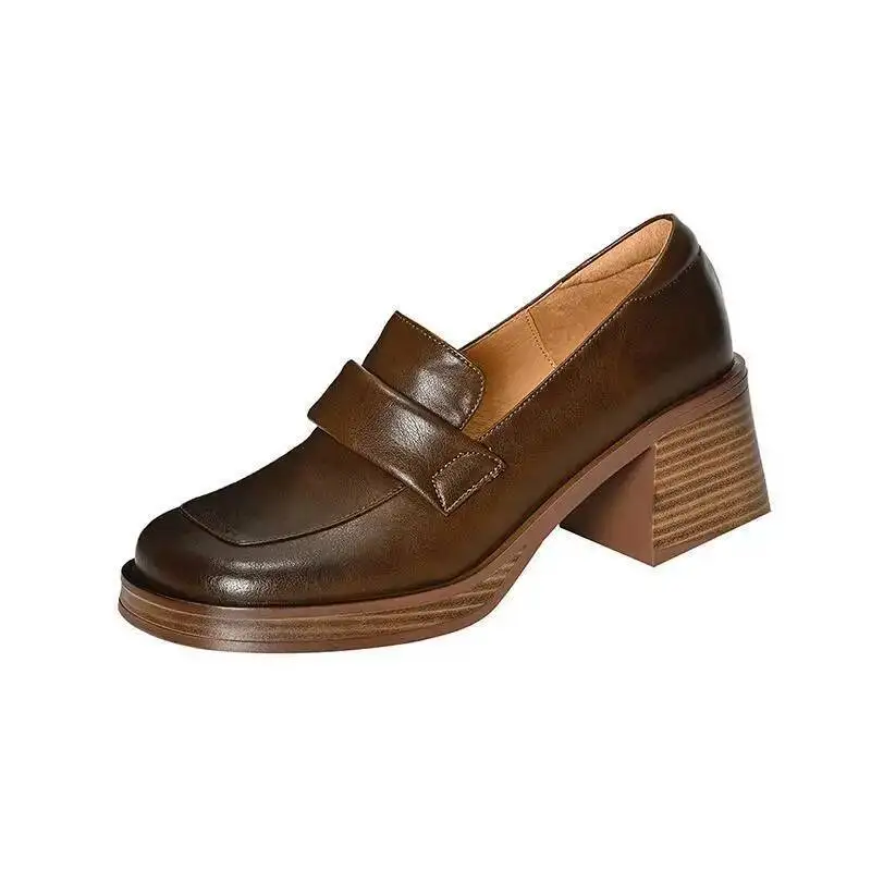 Women's Mid Heel Shoes 2025 New Leather Chunky Heel Loafers Thick-Soled French Minimalist Square Toe High Heel Office Shoes view 5