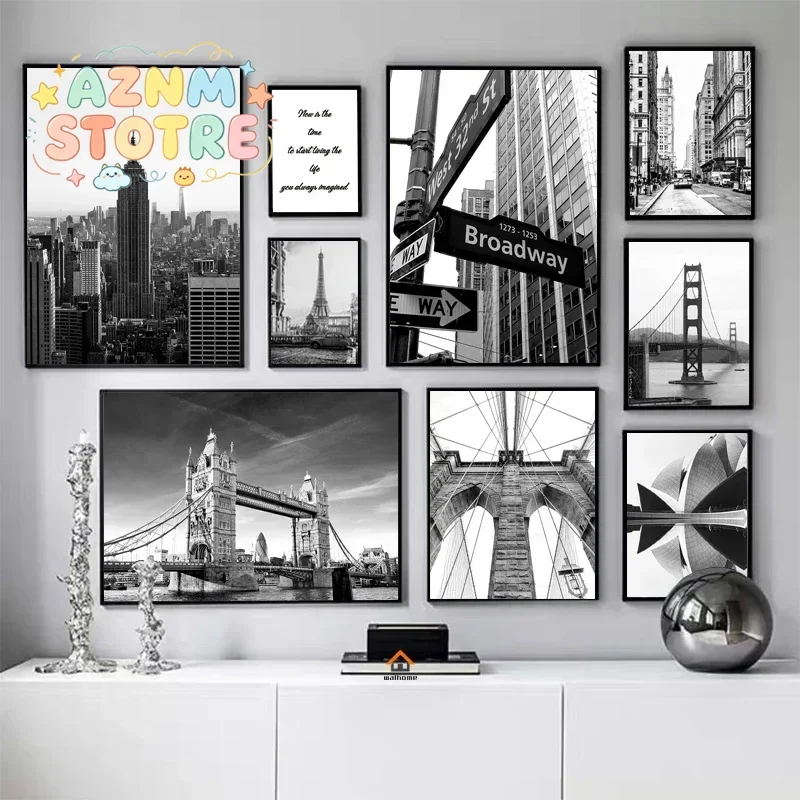 Affiche murale moderne sur toile, paysage urbain de New York, Londres, Paris, Sydney, lieux emblématiques, images en noir et blanc, décoration intérieure