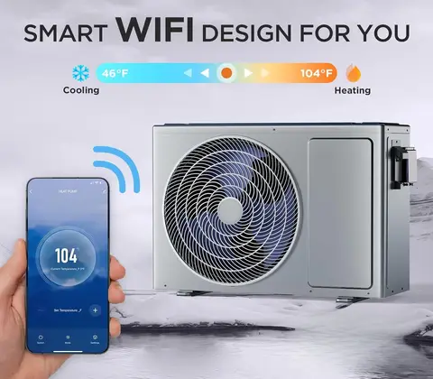 7000-gallon pool heater, capable of heating or cooling, with WiFi functionality; 27000 BTU above-ground electric pool heater.