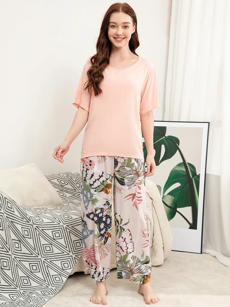 Plus Size S-XXXL Viscose Women Pajamas Set T-Shirt Wide Leg Pants Pijama Mujer Female Loose Suit Casual Home Wear Nightwear