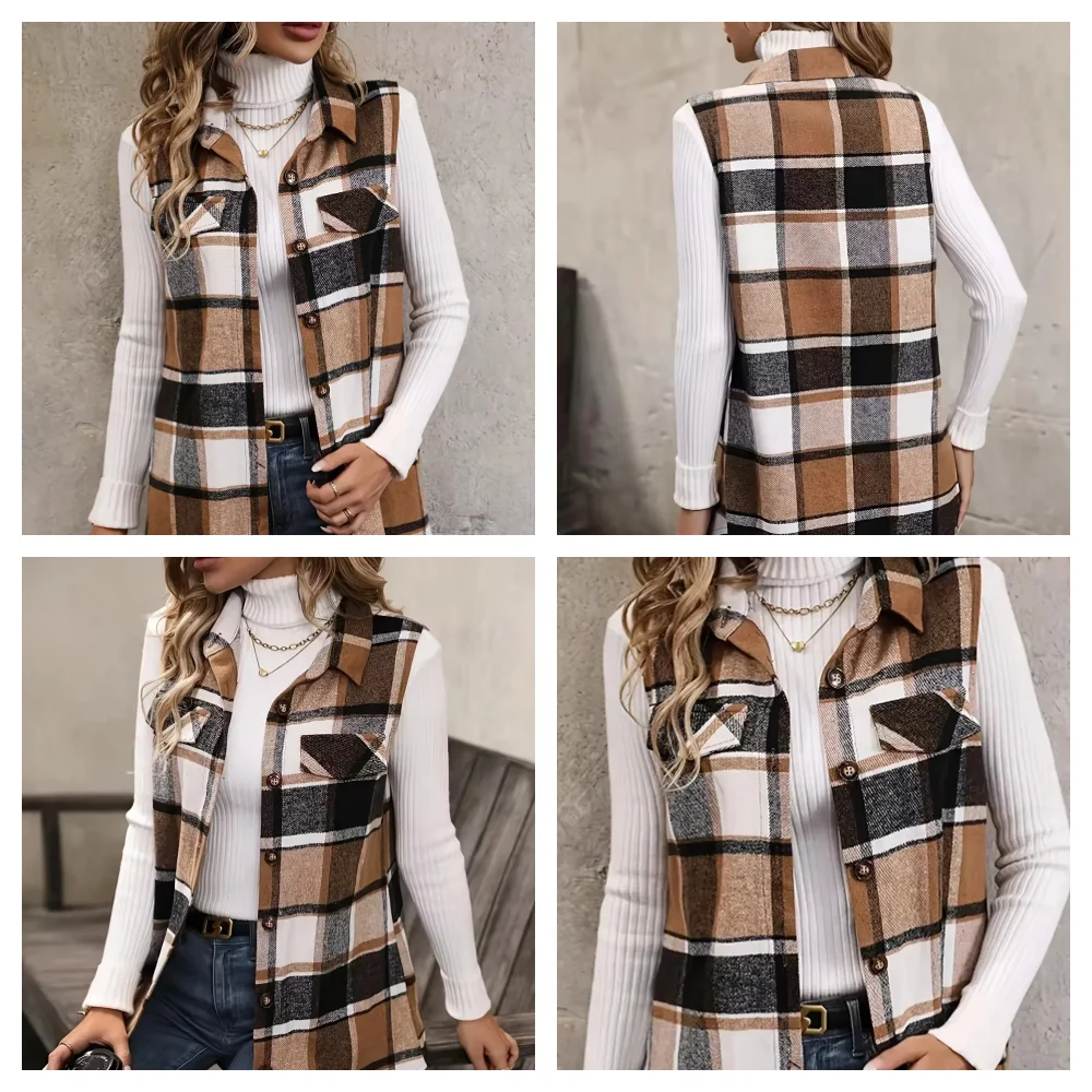 Women Plus Size 1XL-5XL Plaid Print Flap Detail Sleeveless Coat Ladies Fashion Sleeveless Thick Thermal Vest Women Outwear