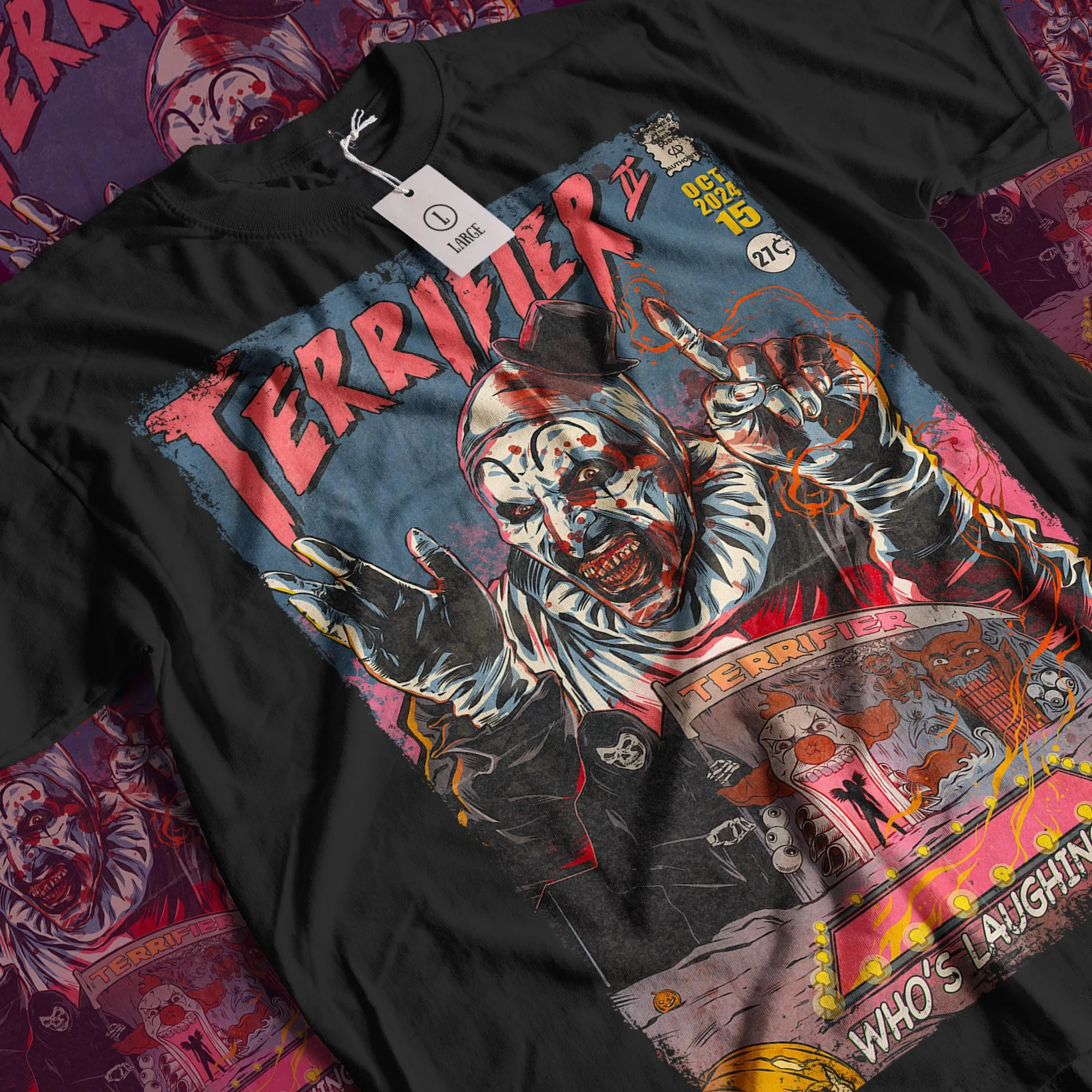 '호러 조커' 영화 테마 티셔츠: 레트로 호러 영화 유니섹스 패턴 티셔츠, 호러 영화 팬들을 위한 선물