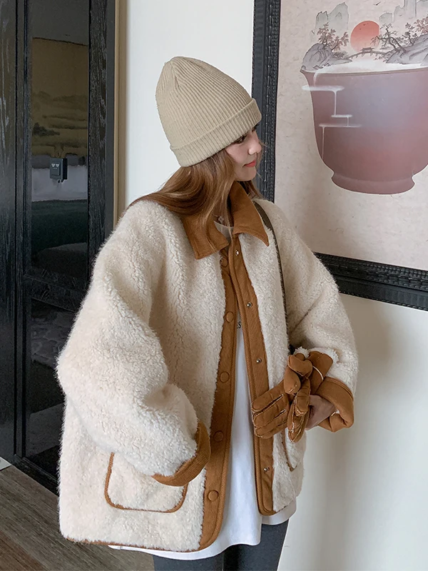 Damski płaszcz z futra jagnięcego, ocieplany, jesienno-zimowy, nowy, elegancki, do pracy, zintegrowany skórzano-futrzany, ciepły, puszysty płaszcz wierzchni.
