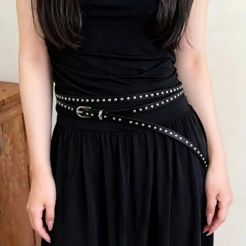 Women's Slim Adjustable Rivet PU Leather Belt Gothic Thin Metal Buckle Waist Strap for Office Casual Wear