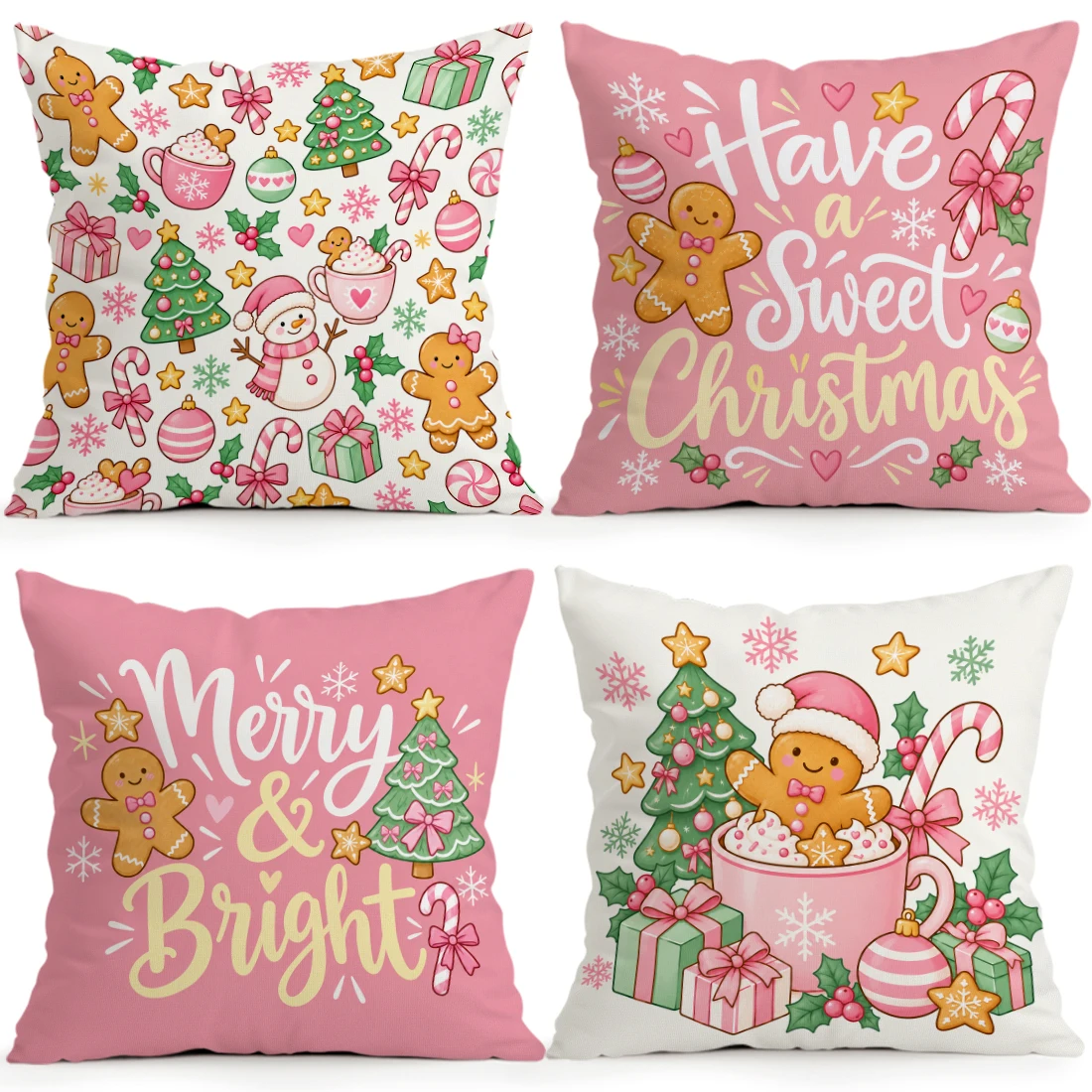 1/4pcs Pink Christmas Gingerbread Man Cushions Pillowcase Polyester Cushion Cover Throw Pillow Pillowcover Home Car Sofa Decor