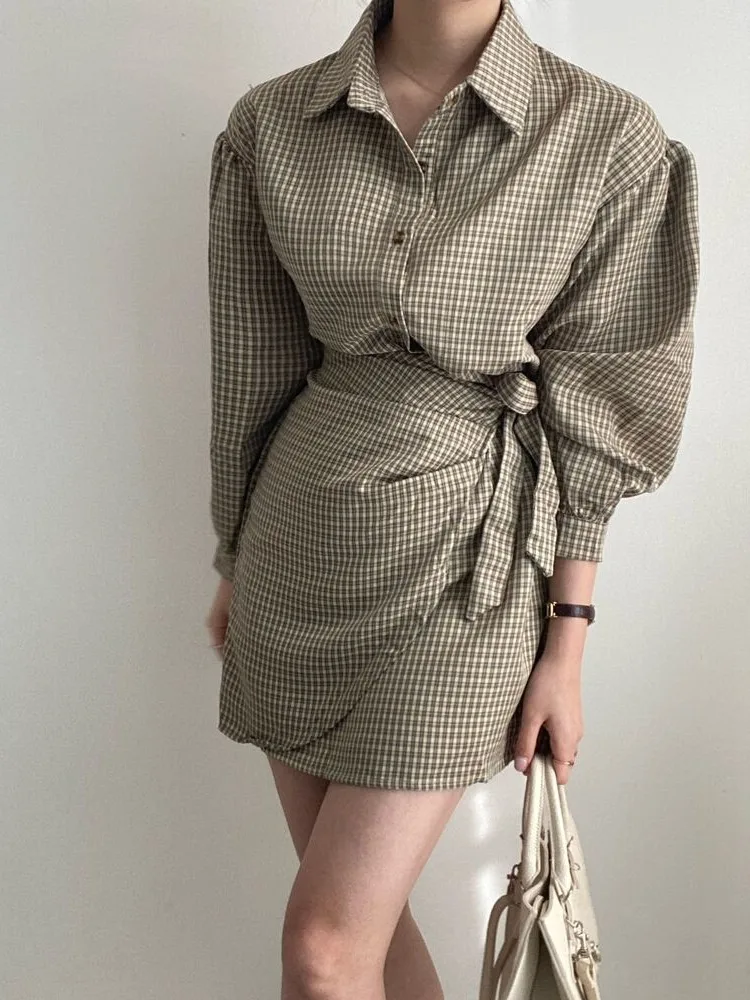 Frühling Herbst Plaid Kragen irt Dr Frauen Design Sinn Taille-Cinching Gürtel Lange Sve Unregelmäßigen Dr