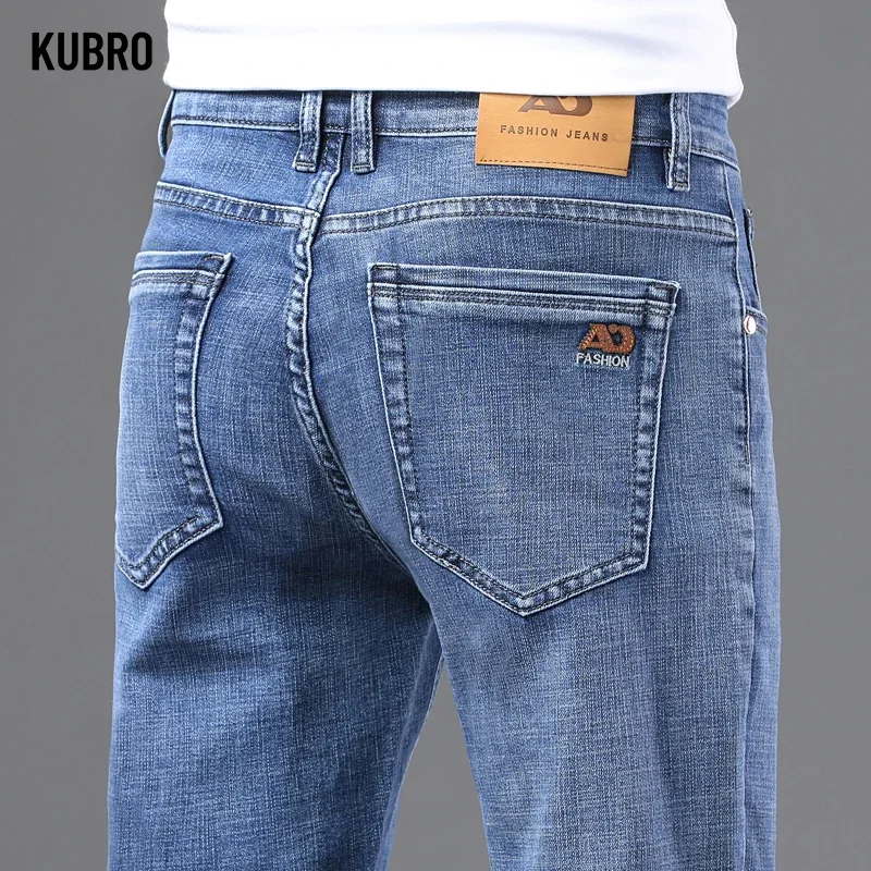 KUBRO ربيع الموضة الرجال الضوء الأزرق جينز نحيل أنيق الأعمال عادية سترتش الدنيم السراويل الكلاسيكية كل مباراة بنطلون
