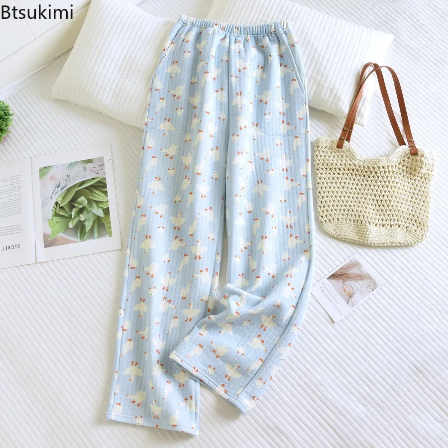 Women's Autumn and Winter New 100% Cotton Printed Pajama Pants Three-Layer Warm Homewear Casual Loose Long Trousers for Women