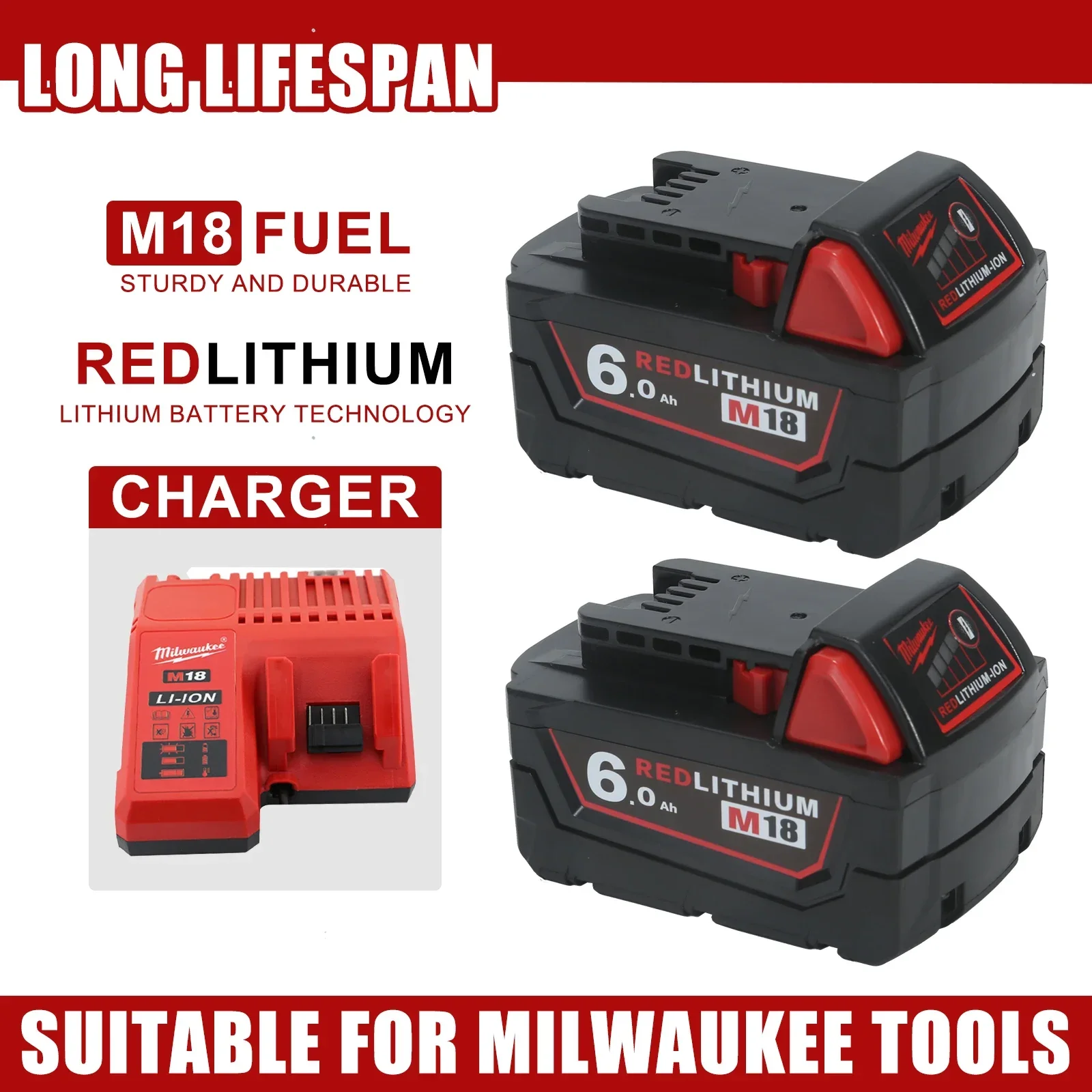 

100%Original For Milwaukee M18 Power Tool Battery, Charger, BR, XC, 18V, 5000mAh 6000mAh M18B5, 48-11-1860.