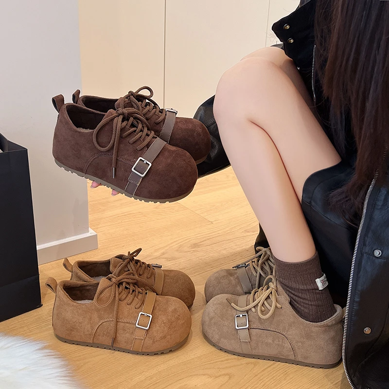 Women Retro Suede Flat Shoes Lace Up Buckle Design Round Toe Casual Shoes Fashion Outdoor Walking Footwear for Ladies Daily Wear