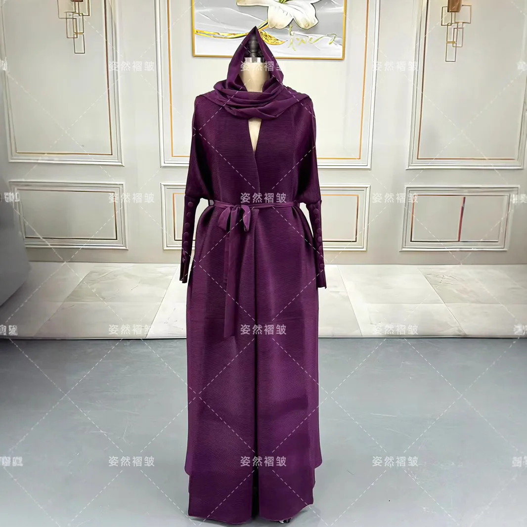 Miyake plissé manteau décontracté femmes longue Trench manteau 2025 été nouvelle couleur unie musulman Abaiya Robe manteau