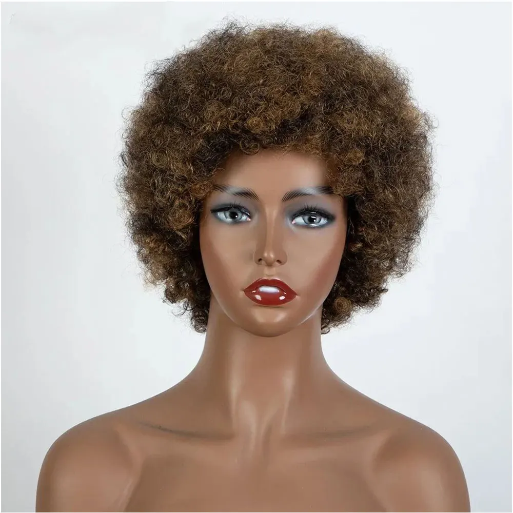 Afro Kinky Curly Highlight Wig Human Hair Ombre Brown Blonde Kinky Curly Afro Human Hair Wigs for Women Cosplay Full Machine Wig image 2