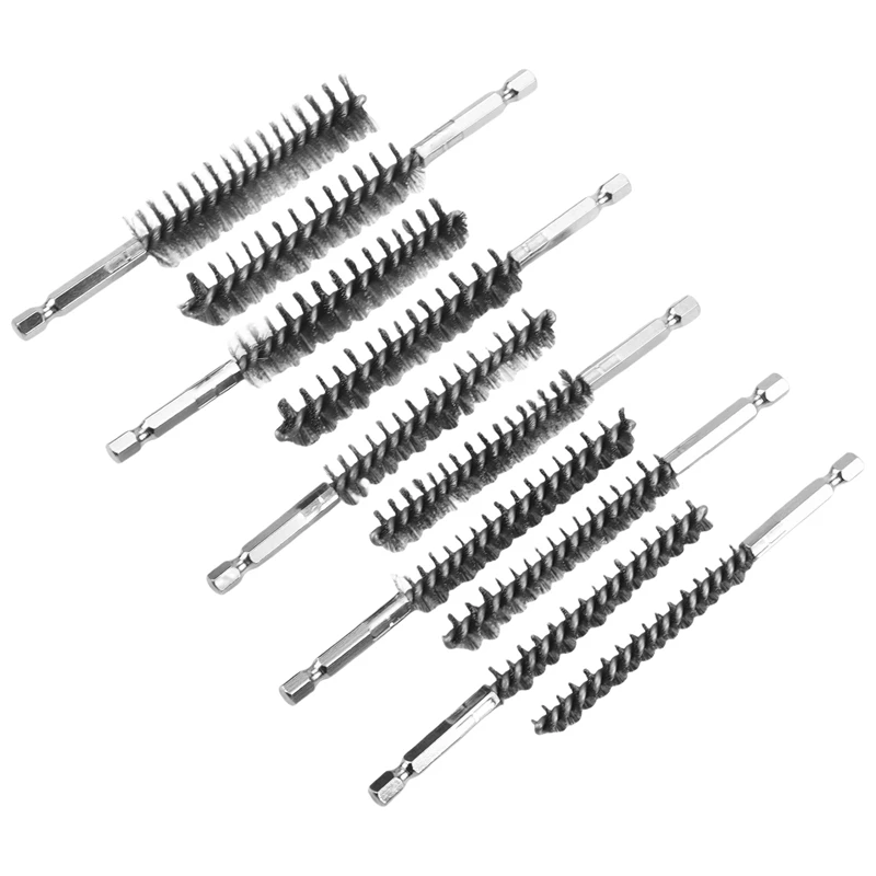 10Pcs Stainless Steel Bore Brush In Different Sizes 1/4Inch Hex Shank,Wire Brush Attachment For Drill Set