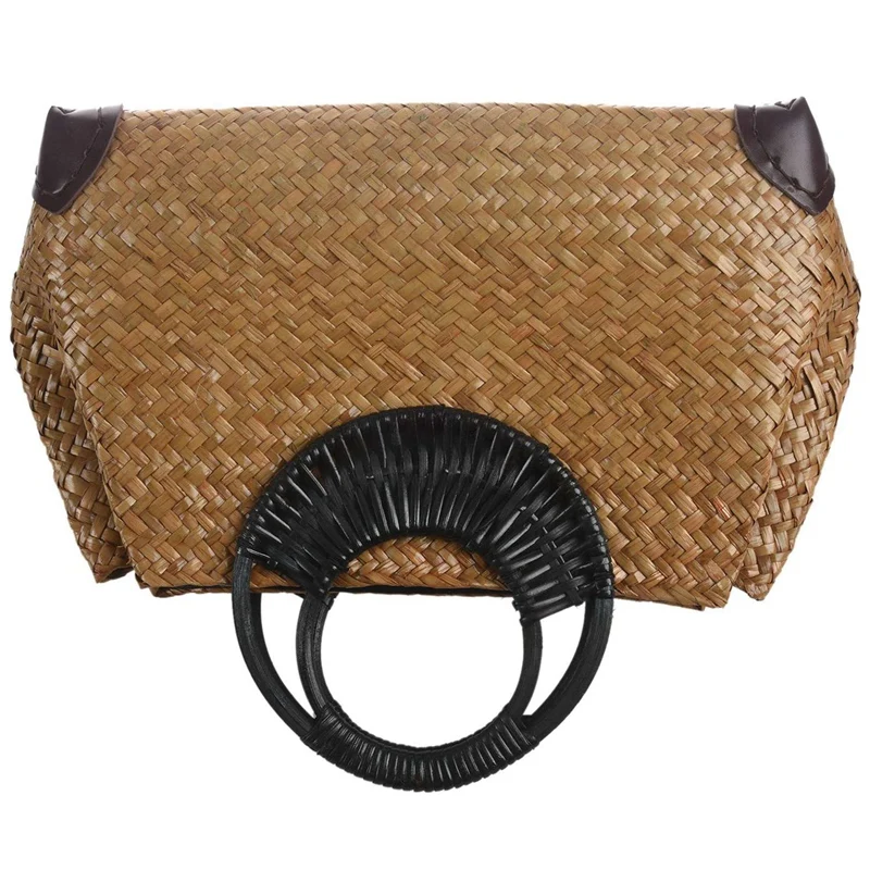 2X Women Straw Bags Female Bamboo Summer Beach Weave Handbag Lady Handmade Vintage Wood Handle Bag