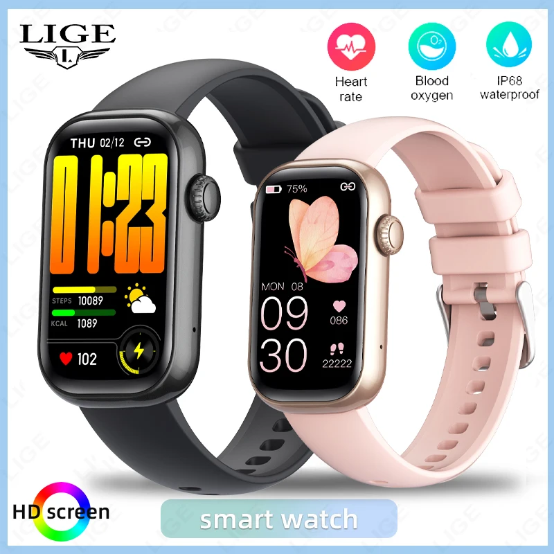 

LIGE Новые 1,47-дюймовые сенсорные умные часы для мужчин, водонепроницаемый мужской браслет, спортивный фитнес-монитор здоровья, женские и мужские умные часы
