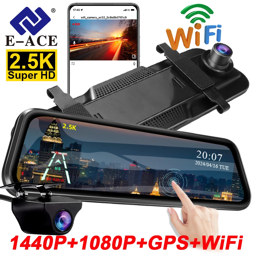 Cámara de espejo E-ACE 2,5 K para pantalla táctil de coche grabadora de vídeo espejo retrovisor Dashcam 1440P GPS Wifi 24H estacionamiento DVR caja negra