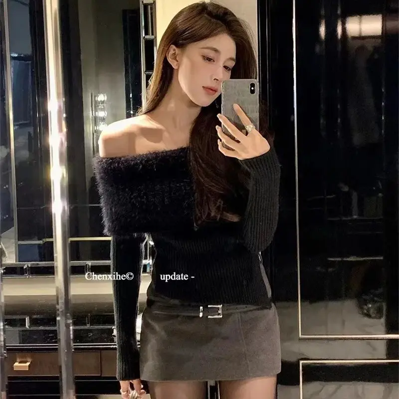 Off Shoulder Knitted Sweater Women Long Sleeve Elegant Pullovers Autumn Winter Korean Fashion Sexy Y2k  Crop Knitwear Tops T710