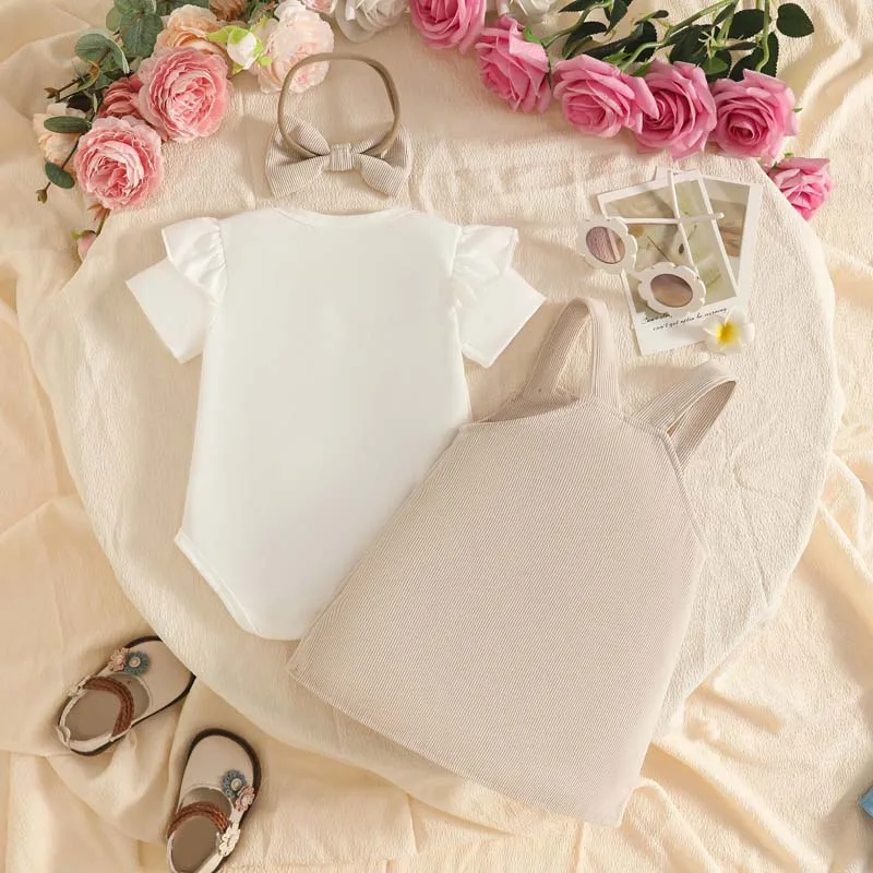 3Pcs Baby Girl Outfit Set Ruffle Short Sleeve Bodysuit Bow Embroidery Suspender Skirt Headband 0-24 Months Toddler Girl Clothes