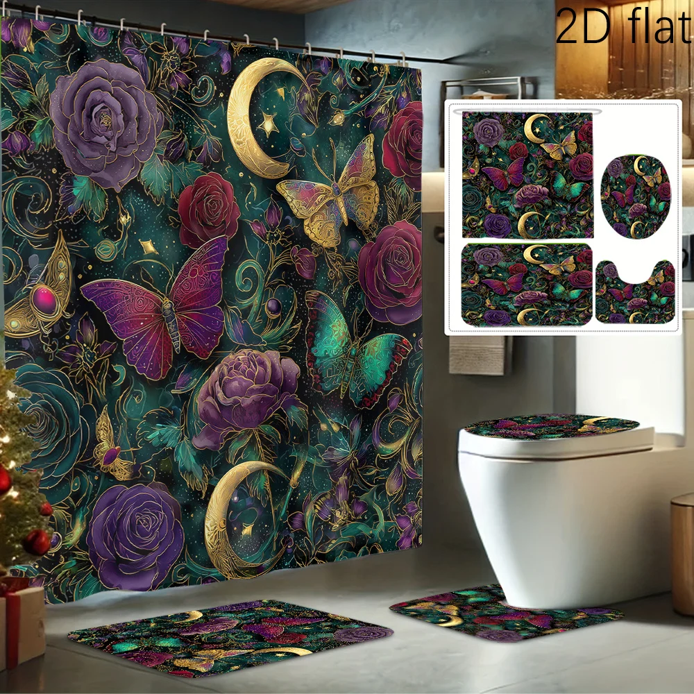 

2Dflat 4pcs Dreamy Butterfly Night Moon Print Shower Curtain Set, Bathroom Decor Kit Includes Shower Liner, Non-Slip Mat