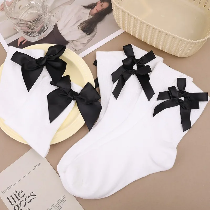 Women Jk Bow Socks Spring White Japanese Cute Kawaii Harajuku Sweet Style Lolita Bowknot Female Short Crew Socks Girl Gift Soks