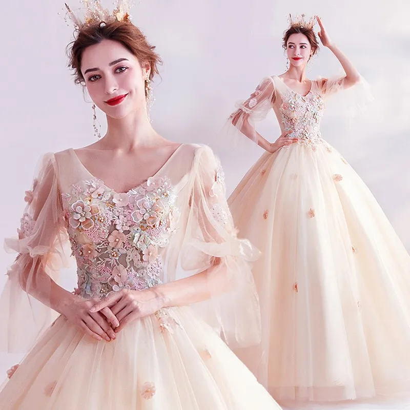 

Champagne Annual Meeting Evening Dress Summer New Fashion Court Style Long Sleeve Wedding Dress Toasting Dress Banquet