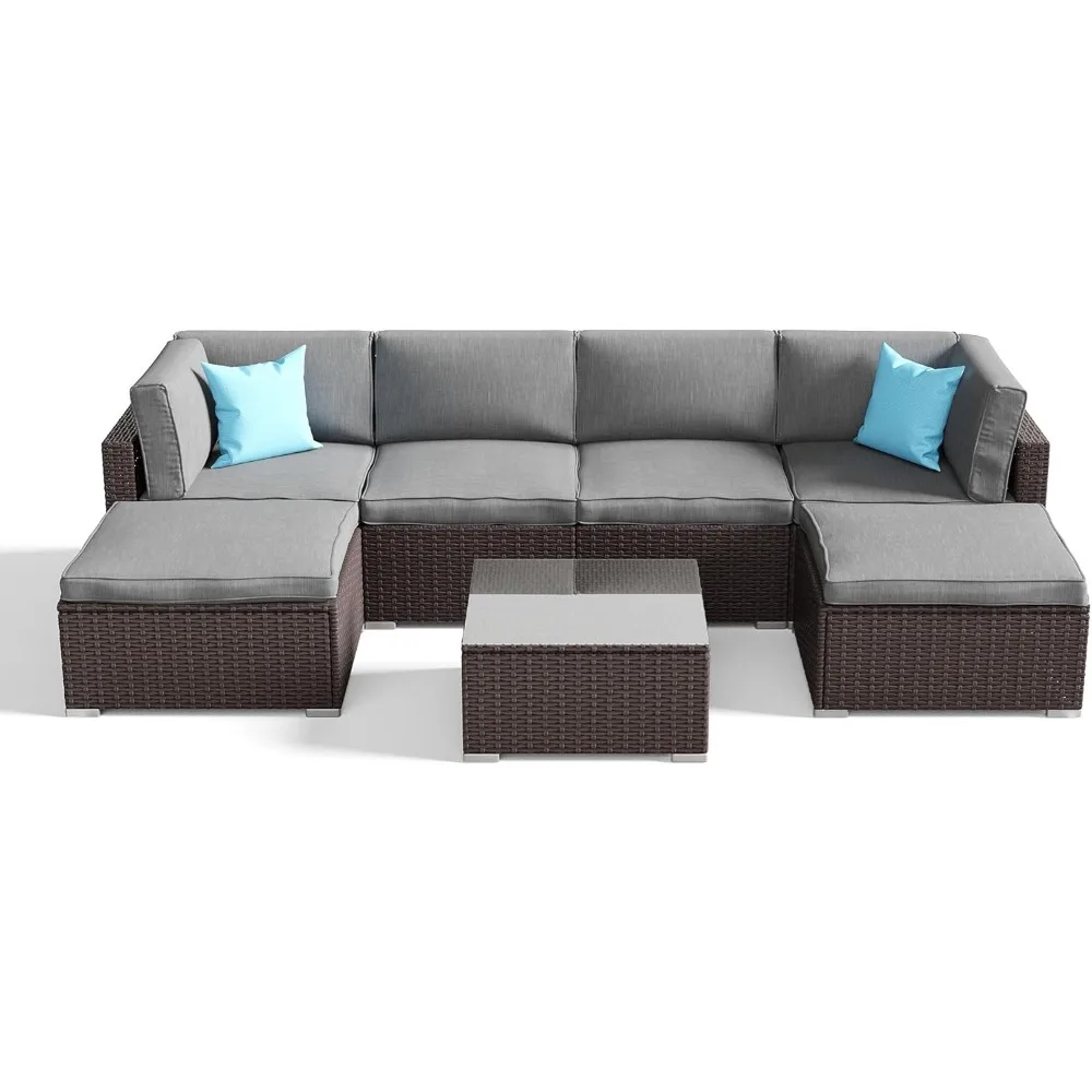 

7-piece Outdoor Patio Furniture Set, All-weather Pe Rattan Sectional Sofa W/dark Grey Cushions & Glass Coffee Table, Modular Wi