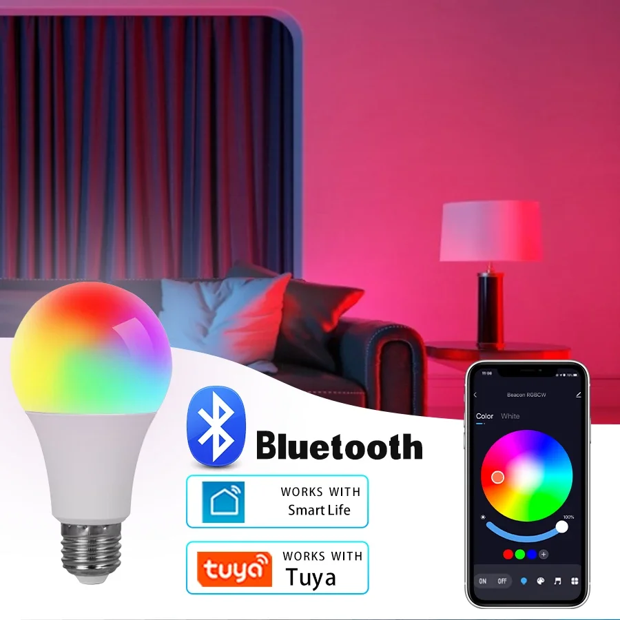 15W E27 RGB LED Light Bulb Bluetooth 4.0 Tuya Smart Color Change Dimmable Home Hotel Bar Bedroom Decor