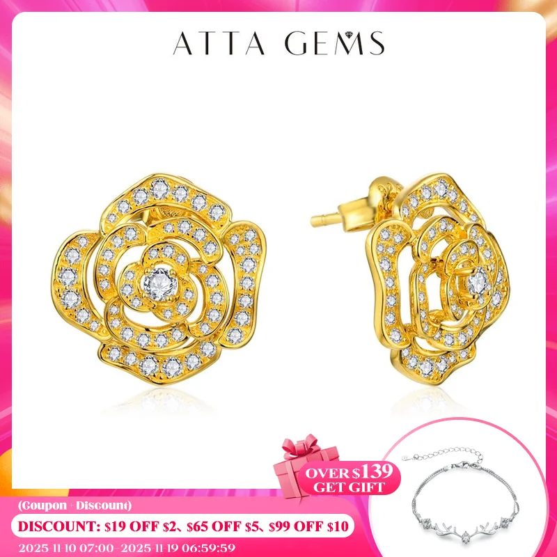 

ATTAGEMS New S925 Silver Diamond Moissanite Stud Earrings for Women 18k Gold Plated Sparkling Flower Wedding Fine Jewelry Travel