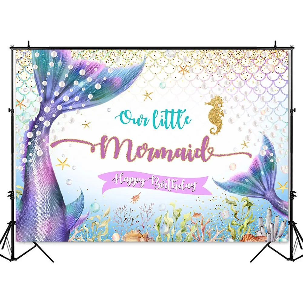 Little Mermaid Princess Backdrop Happy Birthday Photo Background Under the Sea Aquatic plants Girls Birthday Party Decorations