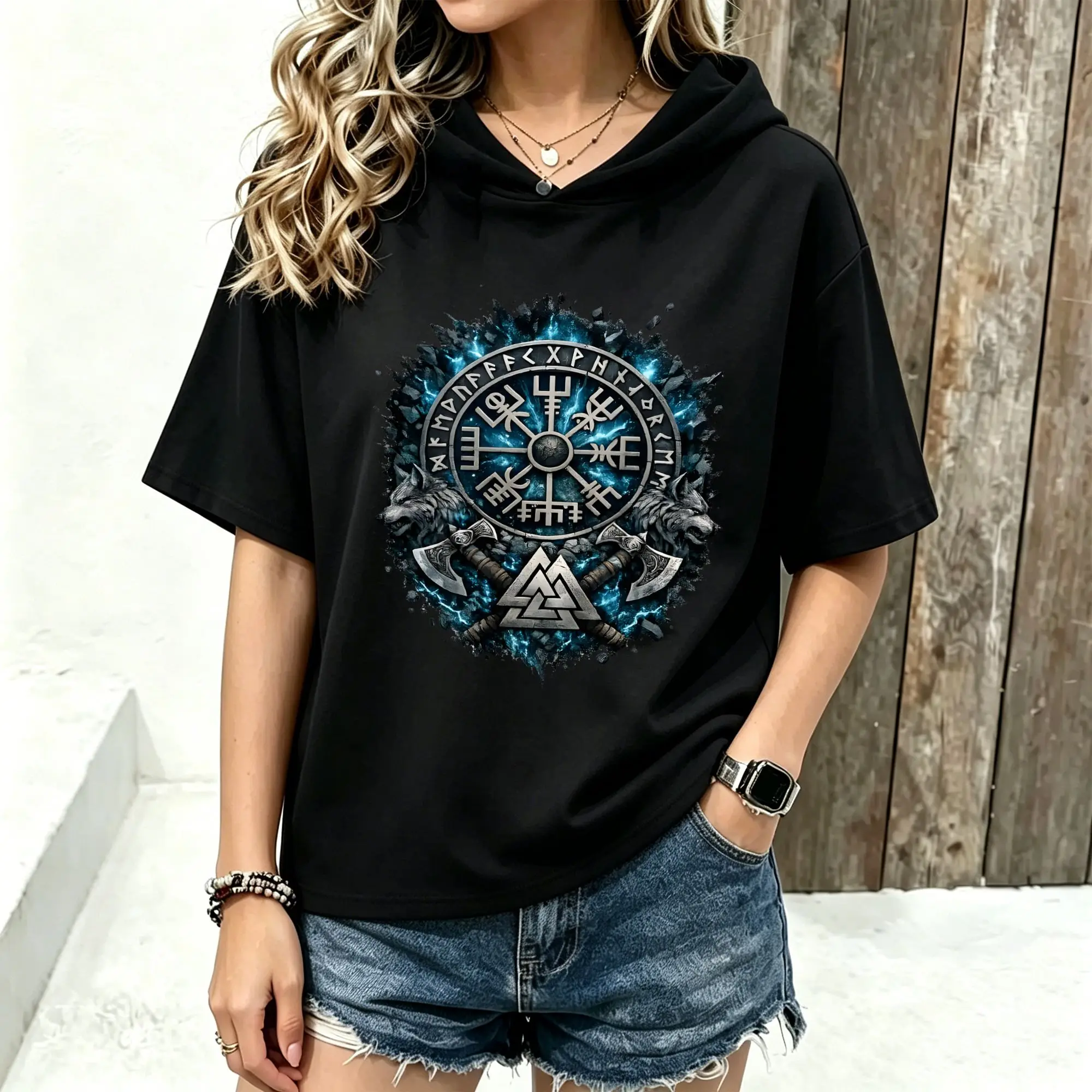 Women Short Sleeve Hooded T‑Shirt Viking Compass Rune Wolf Axe Norse Mythology Graphic Print Spring Summer Loose Hoodie Tee Streetwear Casual Short Sleeve Hood Tops