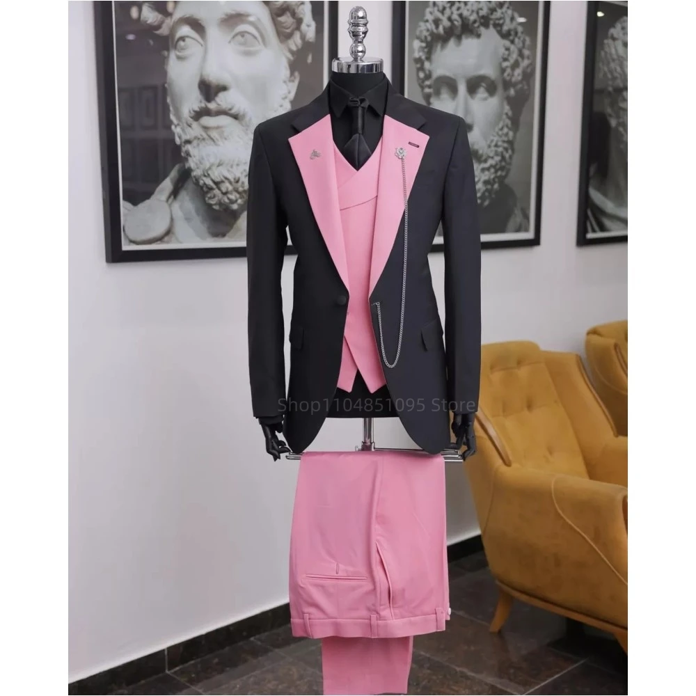 

Classic Men's Formal Suit in Black Pink 3pcs One Button Jacket Double Breasted Vest Pants Elegant Suits for Wedding Dinner Party