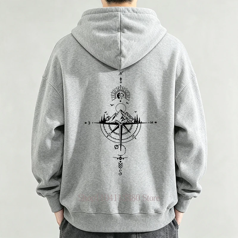 Vintage Compass Pattern Print Hoodies Men Women Autumn Winter Casual Fashion Streetwear Pullover Long Sleeve Fleece Sweatshirts
