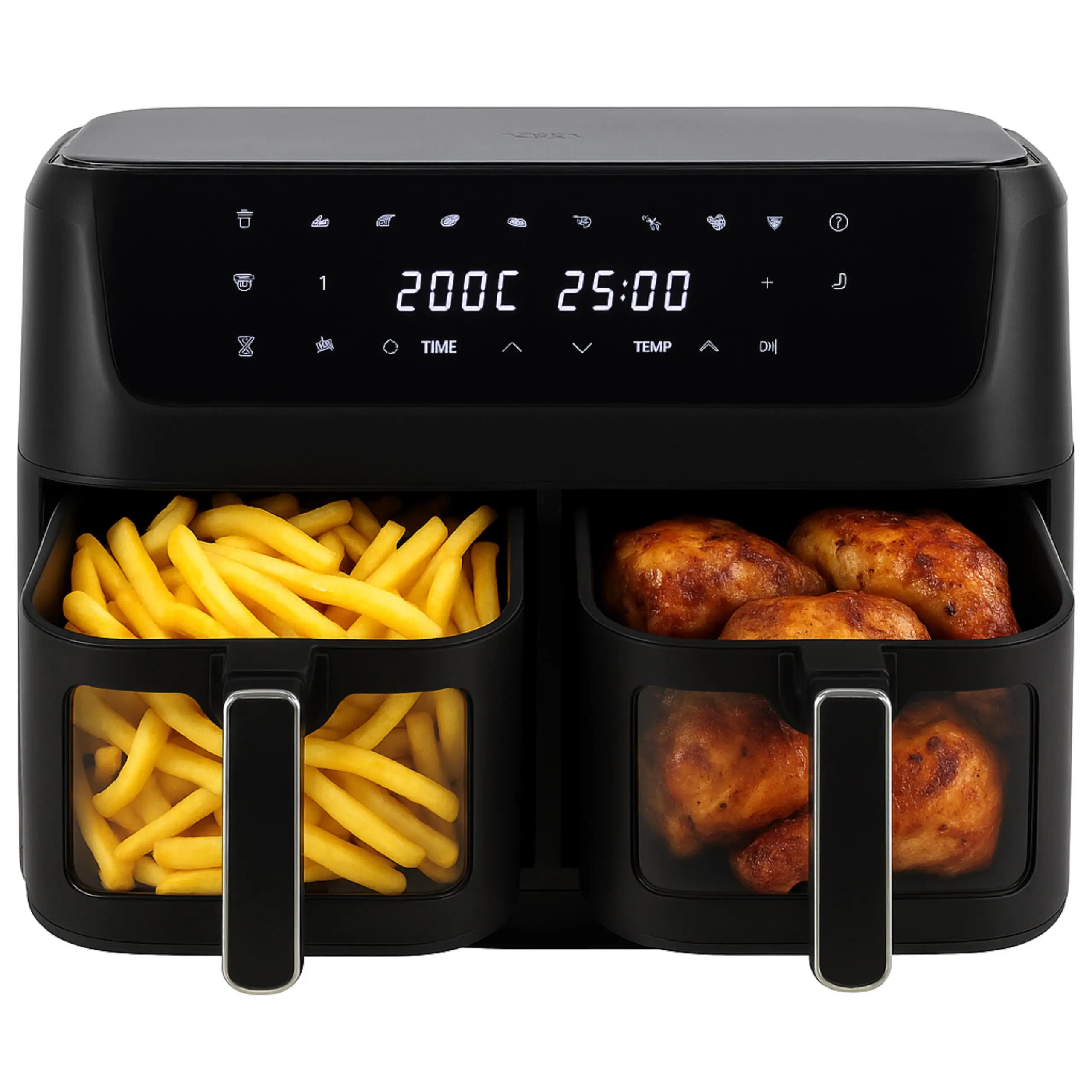 AirFryer Fettfreie Fritteuse, 2 Kammern, 11 l, 2700 W, 8 Programme, Temperaturregelung, 80–200 °C, Timer, LED-Anzeige