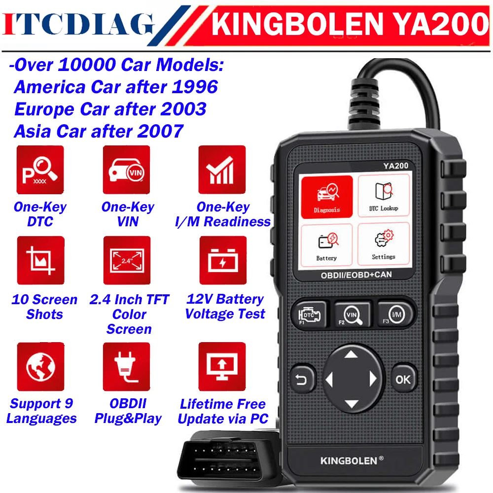 KINGBOLEN YA200 OBD2 Scanner Car Diagnose Tool for Engine Code One-Key VIN Battery Voltage Test for Ford/ BMW/ Mercedes/ Volvo..